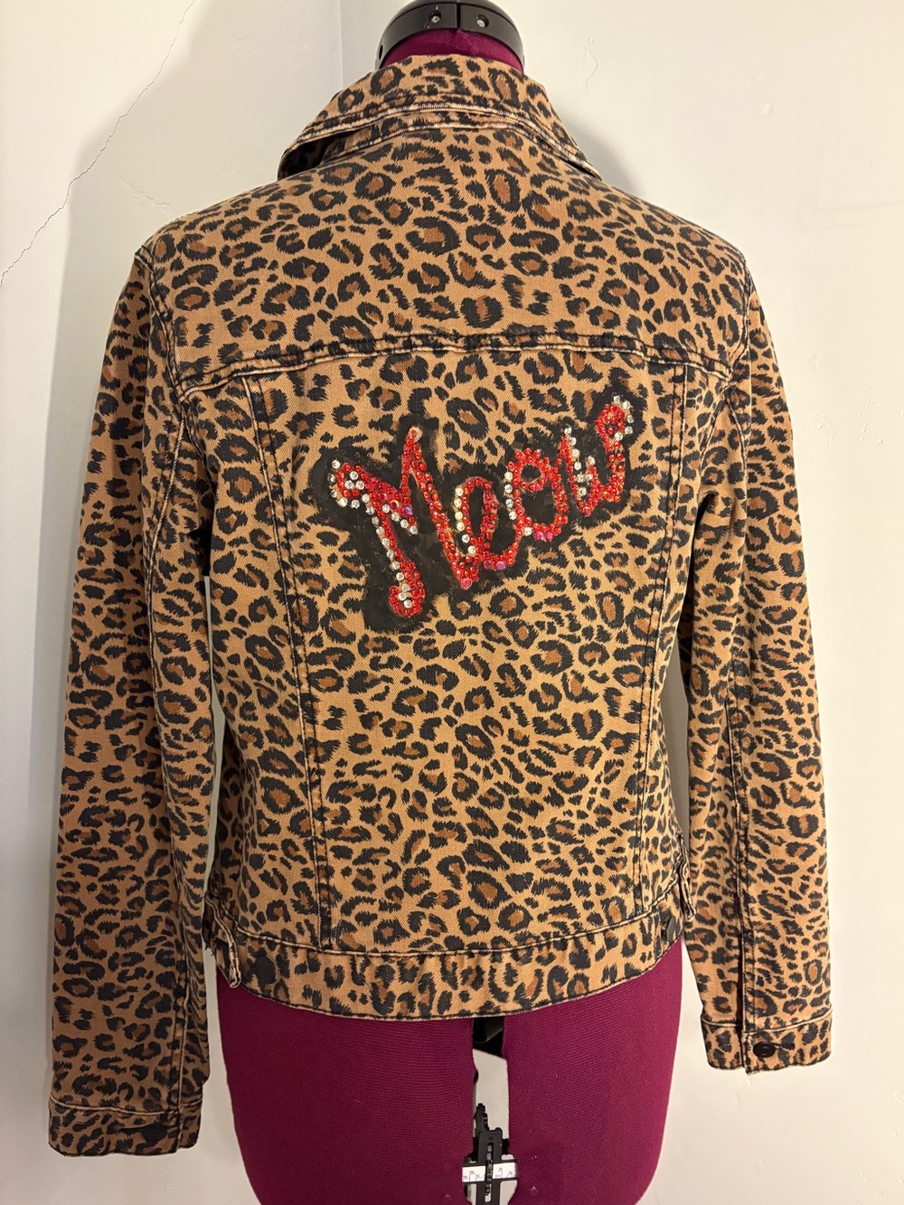 Meow rhinestone custom leopard denim jean jacket cotton small/medium cat party